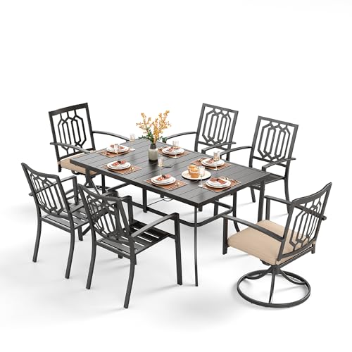 Image of PHI VILLA 7 Pieces Outdoor Dining Set for 6, 59 inch Rectangle Wrought Iron Table with Umbrella Hole & Swivel /Fixed Chairs Combo with Cushions, Modern Metal Furniture for Patio, Deck, Yard, Porch