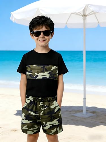 Image of Boys' 2 Piece Summer Outfit Cool Dinosaur & Camouflage Graphic Short Sleeve Tee & Shorts Set Size 4-12