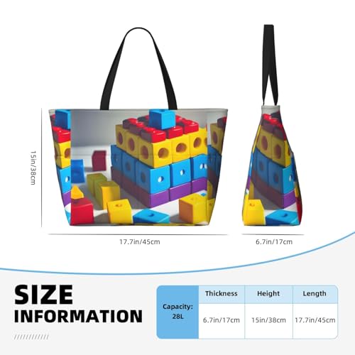 Colorful Building Blocks Large capacity beach bag with zipper, perfect for grocery bag pool gym travel shopping foldable beach travel bag,4
