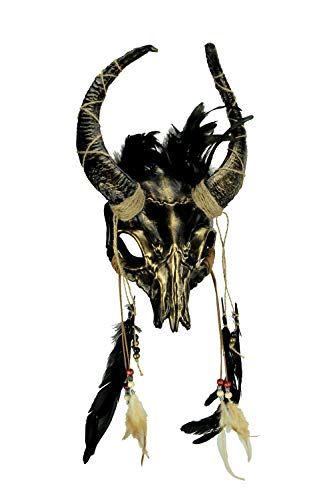 Metallic Tribal Skull Horned Demon with Feathers Adult Halloween Costume Mask, Gold