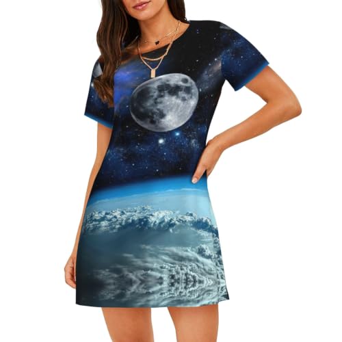 Uusnwaa Camisón de manga corta para mujer, suave, holgado, con estampado de planeta espacial, Negro, S