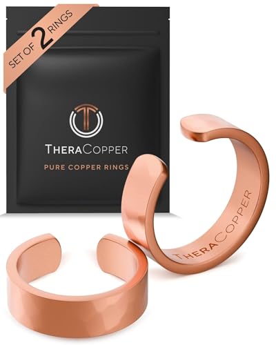 TheraCopper Pure Copper Rings for Women & Men (2-Pack) 100% Pure Copper Ring Raw Solid & Uncoated Authentic Handmade Open-End Adjustable Ayurvedic Jewelry Rings (6mm Hammered)