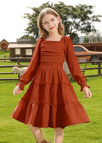 HOZIY Girls Long Sleeve Dress Ruched Smocked Tiered Ruffle A-Line Casual Boho Teen Dresses with Pocket Size 6-16 Years