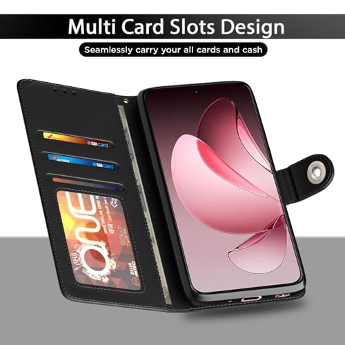 Image of Pikkme Flip Cover Leather Finish | Inside TPU with Card Pockets | Wallet Stand and Shock Proof | Complete Protection Button Flip Case for Oppo Reno 13 Pro 5G(Black)