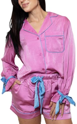 Image of Yiulangde Valentines Heart Bow Pajamas for Women Silk Satin Ruffle Shorts Pjs Tie Front Long Sleeve Shirts Pajamas with Bows Pink