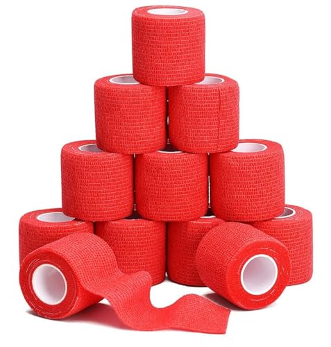 自己スティック包帯ラテックス 12巻 自着性 伸縮 自己粘着 通気性 ストレッチスポーツラップ 包帯をラップ (7.5cm*4.5m,ビッグレッド)