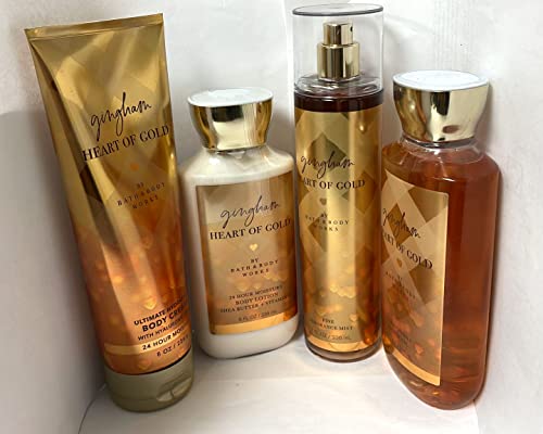 New for 2021 Bath and Body Works Gingham Heart of Gold (Apple, Vanilla Bean, Warm Sandalwood) 4 Pc Set 10 oz Shower Gel, 8 oz Fine Fragrance Mist, 8 oz Body Lotion, 8 oz Ultimate Hydration Body Cream