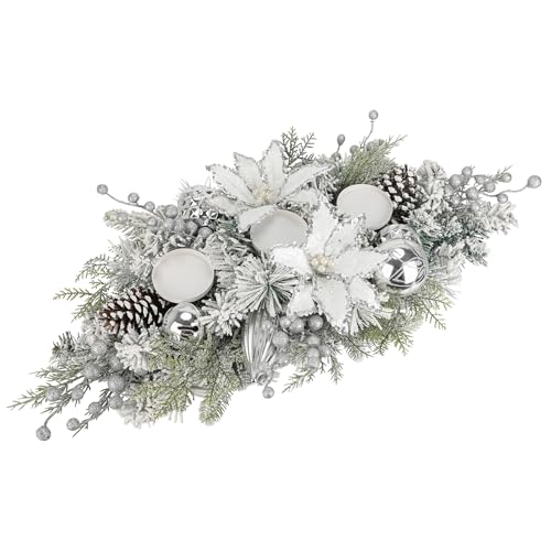 29.5' Artificial Christmas Candle Holder Centerpiece with White Poinsettia, Cypress Branch & Pine Cones, Holds 3 Candles, White Cedar Branch Base for Christmas Thanksgiving Table Mantel Decoration