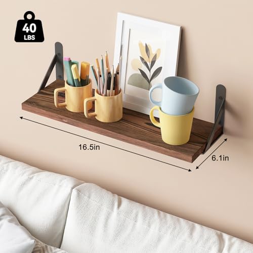 Image of YGEOMER 16.5 Inch Floating Shelves for Wall, Farmhouse Wall Shelves for Bedroom, Bathroom Storage, Living Room and Kitchen Decor (Set of 6 Dark Carbonized Pine)