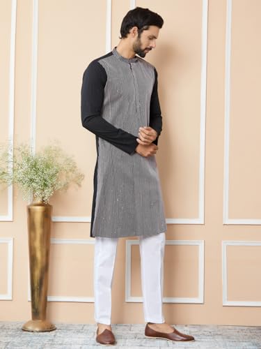 See Designs Men's Long Sleeve Mandarin Collar Side Slit Black Thread & Sequin Worked Pure Cotton Straight Kurta - Sdkt2522S