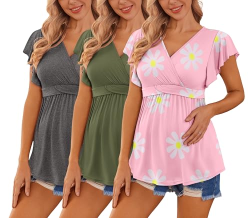 Image of Ekouaer Maternity Shirts 3 Packs Flying Short Sleeve Nursing Tops Pregnancy Clothes
