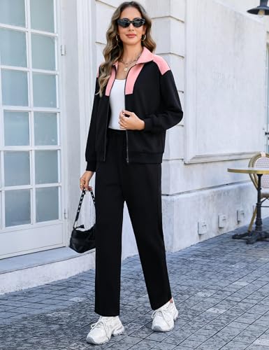 Totatuit Women's Two Piece Tracksuit Fall Winter 2025 Long Sleeve Zip Up Sweatshirt Long Pants Outfits Jogger Sweatsuit Sets Black+Pink Medium
