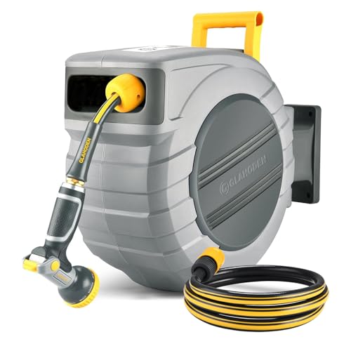 GLAHODEN Enrouleur de tuyau d'arrosage rétractable, 40 m, Résistant aux UV, enrouleur de tuyau d'arrosage mural automatique avec verrouillage de n'importe...