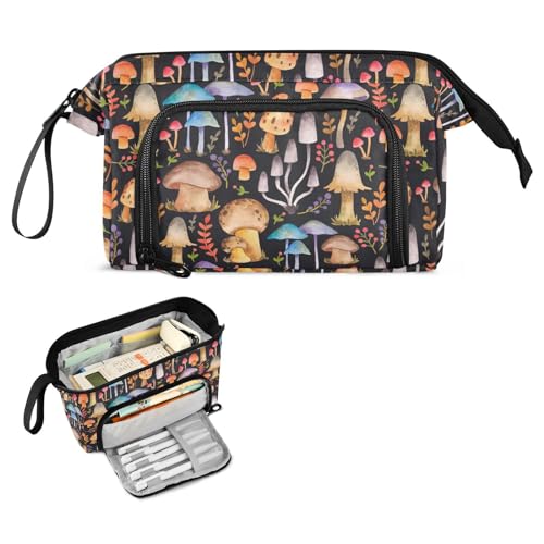Image of Mushrooms Print Big Capacity Pencil Pen Case Large Pencil Pouch | Portable Multi Compartment Zipper Pencil Bags Stationery Storage for Men Women College Office