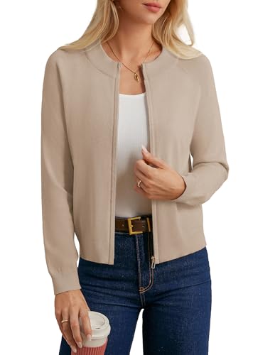 GRACE KARIN Damen Basic Sport-Cardigan Einfarbige Retro Reißverschluss Strickjacke Bequeme Gestrickte Jacke Herbst Winter Oberbekleidung Khaki S