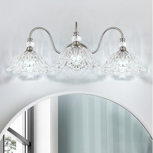 Image of Brushed Nickel 3-Light Bathroom Vanity Light with Floral Clear Glass Shades, Brushed Nickel Wall Mount Lighting for Bathroom, Dressing Table