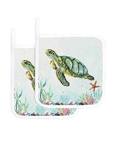 Pot Holders Set Of 2,Sea Turtle Coral Starfish Shell Potholder For Kitchen Heat-Proof Hot Pads,Marine Life Underwater World Hot Mats Potholders For Cooking Baking Bbq #TOP9