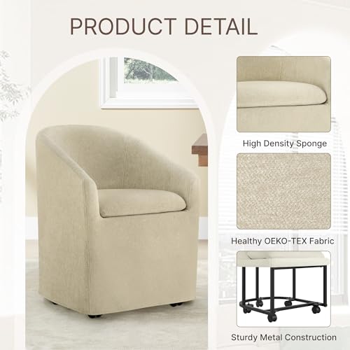 Image of KISLOT Upholstered Dining Chairs Set of 4 with Casters, Modern Side Barrel Armchair with Washable Slipcover & Sturdy Metal Frame for Diningroom Bedroom Livingroom Reading Room, Sand Fabric