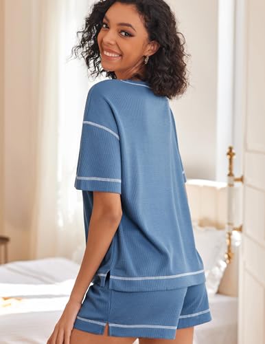 Image of Ekouaer Women's Waffle Knit Two Piece Lounge Set, Soft Matching Outfits for Daily Wear, Casual Shorts Set with Pocket