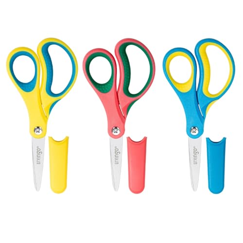 LIVINGO 5 Kids School Scissors: Small Safety Scissors Pointed Tip Soft Handle Right Left Handedfor Craft Classroom Child Toddler Assorted Colors 3 Pack
