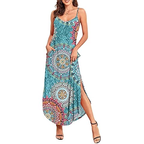AUSELILY Summer Casual Maxi Dress Women Sleveless V Neck Loose Long Dress Floral Beach Cover Up Boho Ladies Split Spaghetti Strap Sundress Long with Pockets Print Green XXL Cover
