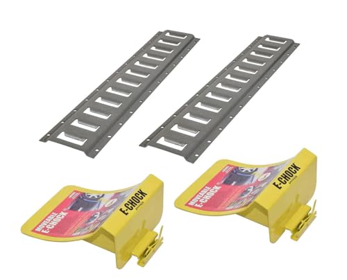E-Chock Wheel Chocks with 5-Foot Metal Mounting Tracks Yellow and Gray Set of 2. Including 3 Rigid Hitch Logo Decal (E-09162-BUNDLE)