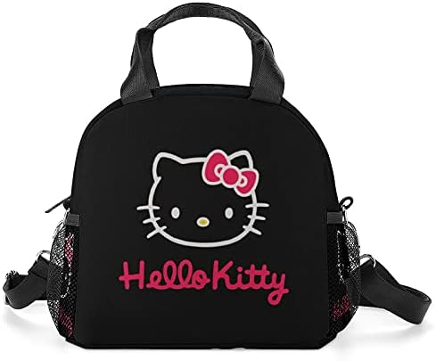 Qnoon Black Lunch Bag for Women Girls Insulation Cat Lunch Box Crossbody Bag for School Work Office Outdoor