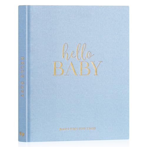 Lanpn Hello Baby First 5 Year Memory Book for Boy Girl - Linen Hardcover Keepsake for New Parents - Newborn Journal Scrapbook Photo Album Milestone Book (Blue, 154 Pages)