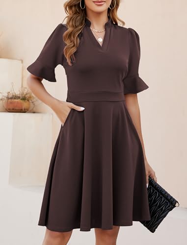 Image of Mokayee Womens Summer V Neck Ruffle Short Sleeve Fit and Flare Knee Length Church Wedding Guest Dresses with Pockets