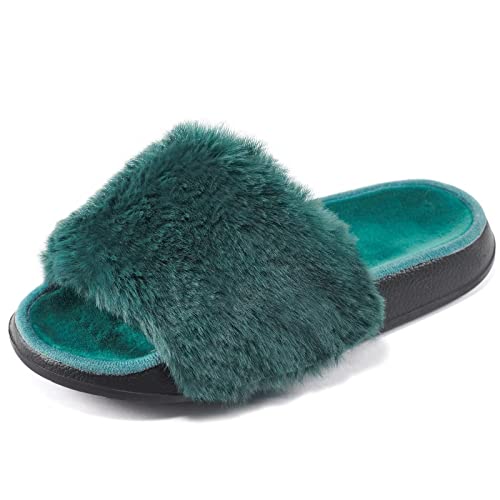 Puxowe Pantoufles Peluche pour Femmes Claquettes Plates en Fourrure Confortables Antidérapants à Bout Ouvert Chaussons de Maison en Douce pour Intérieur et Extérieur 41 EU Dark Green Cover