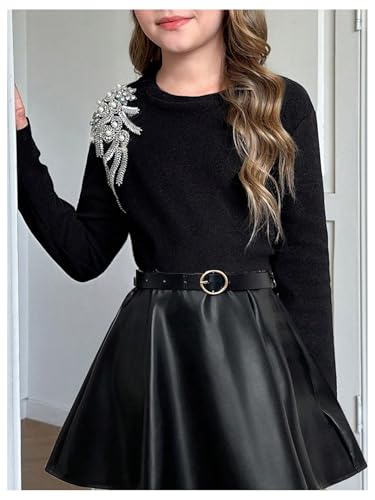 SweatyRocks Girl's Glitter Pearl Beaded Tee Shirt Long Sleeve Crew Neck Slim Fit Elegant Tee Tops4