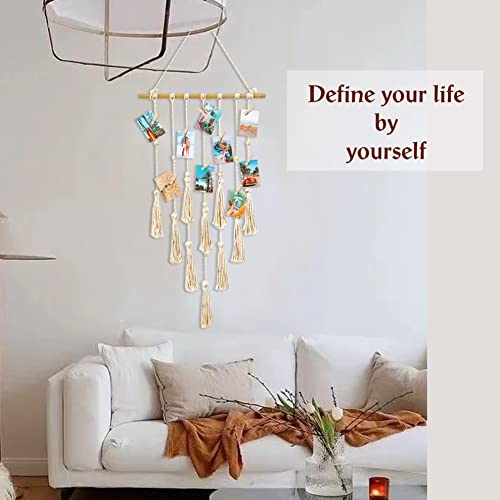 Large Size Hanging Photo Display Wall Decor 42.5In X 17In Macrame Wall Hanging Clip Photo Holders Boho Room Decor, With 25 Wooden Clips, Gifts For Women Teen Girl Bedroom Decor Apartment Decor, Ivory #TOP2
