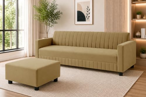 Image of 3 Seater Velvet Sofa with Ottoman | Modern Upholstered Couch | Comfortable Living Room Sofa | Durable & Stylish Seating for Home, Office & Guest Room - Golden Color