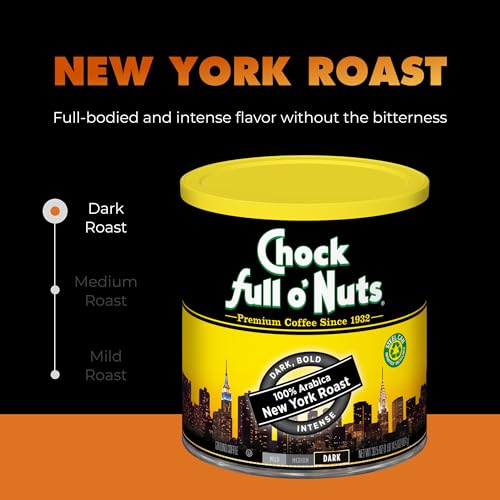 Chock Full o’Nuts New York Roast, Dark Roast Ground Coffee – Gourmet Arabica Coffee Beans – Bold, Full-Bodied and Intense Coffee (30.5 Oz. Can)