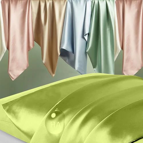 Image of Silk Pillowcase 2 Pack, Mulberry Silk Pillow Cases Queen Size Set of 2, Anti Acne Silk Pillowcase for Hair and Skin, Natural Silk Satin Pillowcases for Sleeping Women 2 Pack with Zipper, Olive Green
