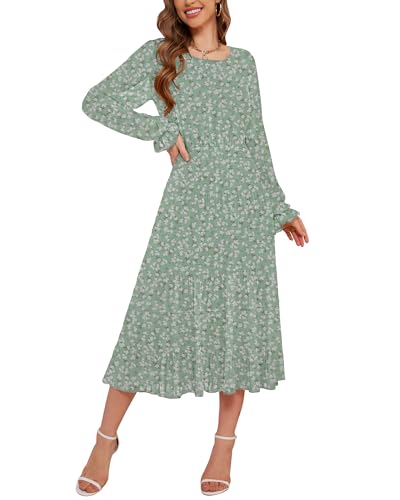 Image of CYiNu Women's Midi Dresses Long Sleeve Crew Neck Flowy Casual Floral Boho Tiered Chiffon Smocked Elegant Dress