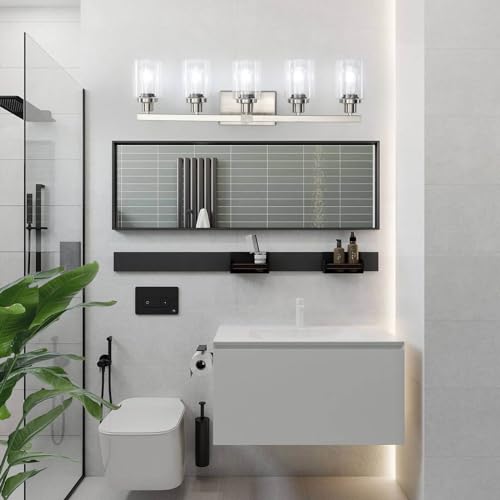 Image of Bathroom Vanity Light, 5-Light Nickel Modern Matte Wall Sconce Lighting with Clear Glass Shade, Wall Lights,Bath Vintage Wall Mounted Lamps for Mirror Bedroom Living Room