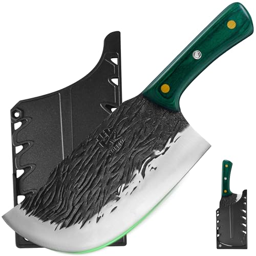 FULLHI Cuchillo de Carne con Mango de Madera y Funda, Cuchillo de Cocina de Acero al Carbono para Cortar Carne, Cocina al Aire Libre, Camping Barbacoa (Verde, 21cm)