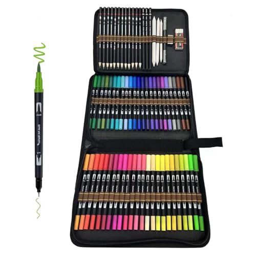 70 Stück Aquarellstifte Brush Pen filzstifte Set, enthalten 48 Farben Doppelspitze Filzstifte+12 Skizzenstifte und Zubehör, passend für Erwachsene und Kinder Malerei,Markierung, Färben