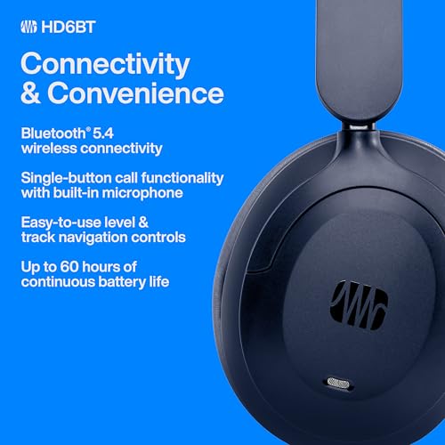 Image of PreSonus Eris HD6BT - Over-Ear Closed-Back Wireless Headphones, Bluetooth, ANC Noise Cancelling, Up to 60 Hours Battery Life, Studio Headphones for Mixing, Monitoring, Recording, Midnight Blue