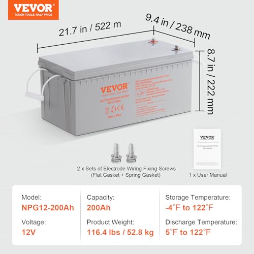 VEVOR Deep Cycle Battery, 12V 200 AH Rechargeable AGM Marine Battery, Designed for RV Solar Off-Grid Use, UPS Backup, Deep Cycle Marine Battery with a Self-Discharge Rate, 1400A Current by VEVOR - Image 2