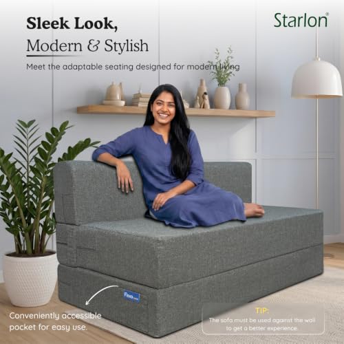 Image of Starlon 3 Seater Foldable Sofa Cum Bed 3-in-1 with 2 Waves Pattern Pillows, Washable Jute Fabric Cover, Space Saving Guest Bed, Pre-Assembled Ash Gray 5x6.5 Ft