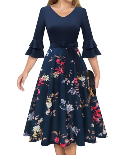 Image of DRESSTELLS Women's Cocktail Dress Summer Wedding Guest Party Vintage 3 /4 Bell Sleeve V Neck A-Line Dress