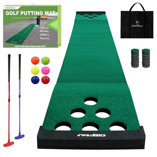 Crestgolf Mat Game Set Green Mat, Putting with 2 Adjustable Putters, 6 Golf Balls,12 Golf Hole Covers for Indoor&Outdoor Short Game Office Party Backyard Use