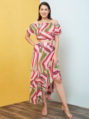 Image of Globus Women Pink Printed Co-Ord with Strappy Off-Shoulder Top & Skirt-3640697001