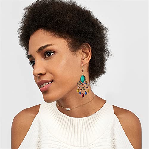 Onlyjump Long Retro Tassel Waterdrop Earrings For Women Girls Fashion Bohemian Boho Hollow With Stone Vintage Statement Black Big Hanging Ethnic Dangle Earrings (Colorful) #TOP2