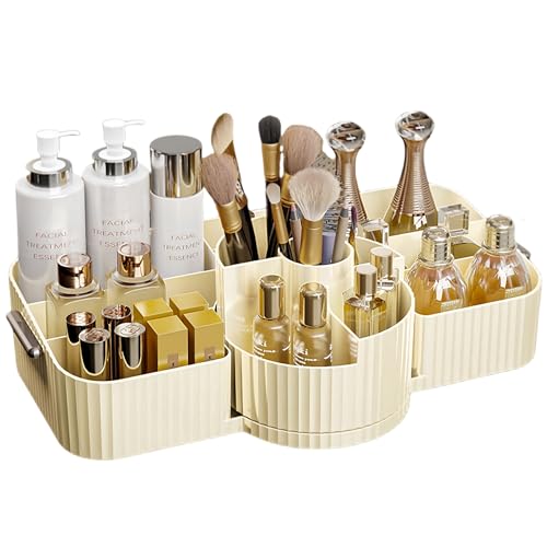 Rangement Maquillage Organisateur, Organisateur Maquillage de Grande Capacité, 360° Rangement Pinceaux Maquillage et Compartiments 2 en 1, Makeup Organizer Multifonctionnel pour Coiffeuse, Bureau