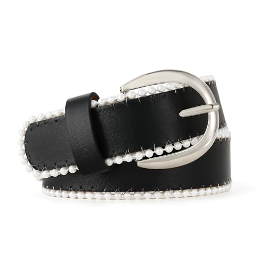 Women's Black Leather Belt with Silver Buckle and Pearl Embellishment - Perfect for Pants and Dresses