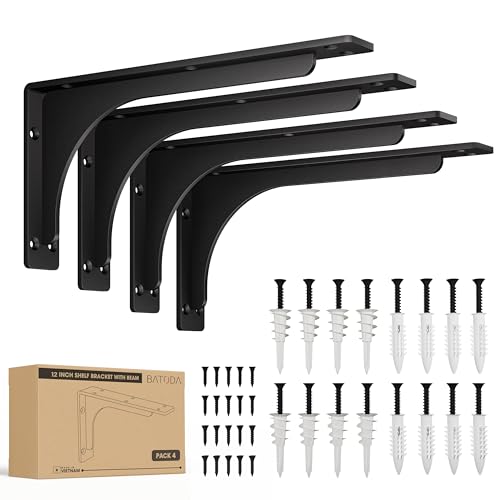 BATODA 12" x 6" L Bracket with Beam - Shelf Brackets Black 300 Lbs Capacity - Heavy Duty Shelving Brackets for Floating Shelves - Wall Mounted Support for DIY – Mounting Hardware Included (Pack 4)