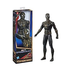 Spider-Man Figura de acción Traje Negro y Dorado de 30 cm de Marvel Titan Hero Series, Inspirado en la película, niños a Partir de 4 años